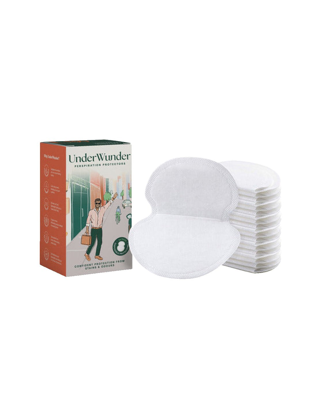 UnderWunder men's perspiration protectors: white pads with two rounded sections and a central fold, shown open beside a stack and an illustrated orange-and-green box.