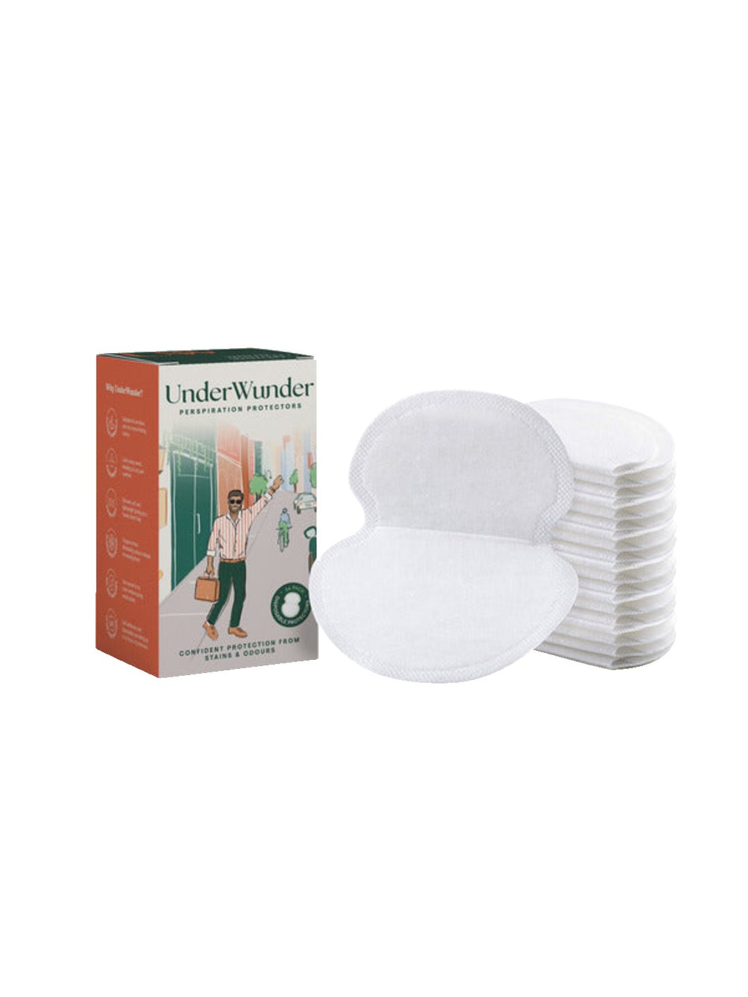 UnderWunder men's perspiration protectors: white pads with two rounded sections and a central fold, shown open beside a stack and an illustrated orange-and-green box.