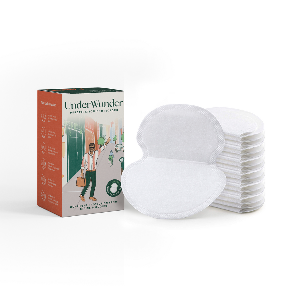 UnderWunder men's perspiration protectors 24 pack with white garment liners on a white background