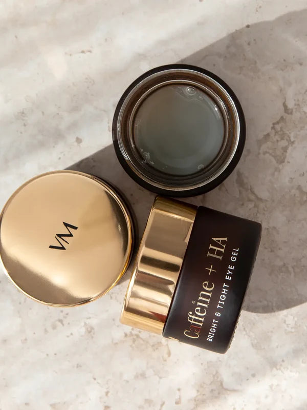Open jar of Vanessa Megan Caffeine and HA Bright and Tight Eye Gel