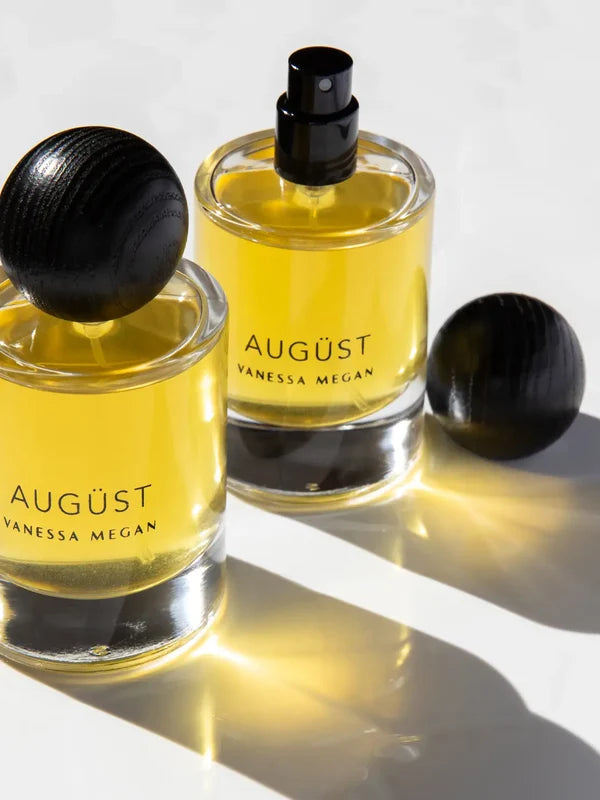 Vanessa Megan Augüst Eau de Parfum bottle in sunlight