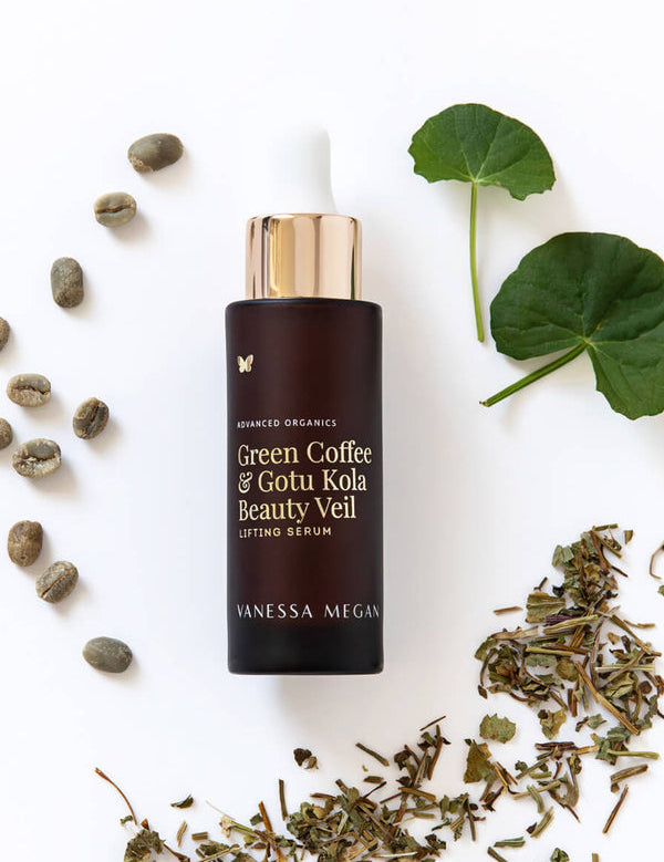Vanessa Megan Green Coffee and Gotu Kola Plumping Beauty Veil with fresh botanicals