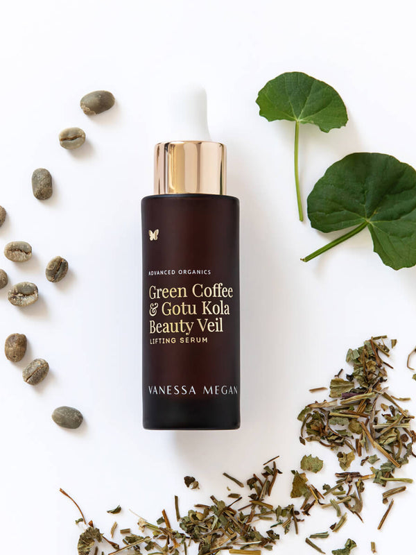 Vanessa Megan Green Coffee and Gotu Kola Plumping Beauty Veil with fresh botanicals