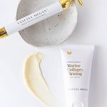 Vanessa Megan Marine Collagen Firming Night Cream with gold roller and cream swatch