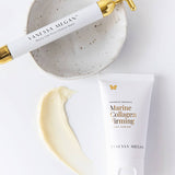 Vanessa Megan Marine Collagen Firming Night Cream with gold roller and cream swatch
