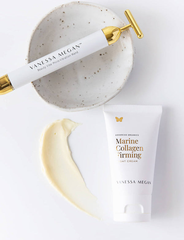 Vanessa Megan Marine Collagen Firming Night Cream with gold roller and cream swatch