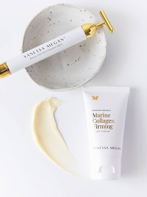 Vanessa Megan Marine Collagen Firming Night Cream with gold roller and cream swatch