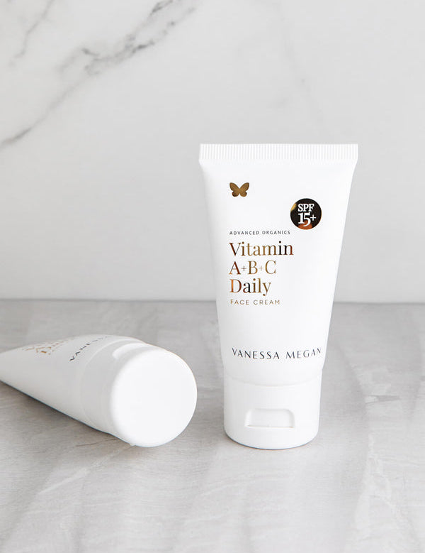 Vanessa Megan Vitamin A B C Daily Face Cream SPF15 tube on marble
