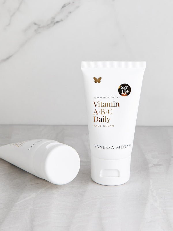 Vanessa Megan Vitamin A B C Daily Face Cream SPF15 tube on marble
