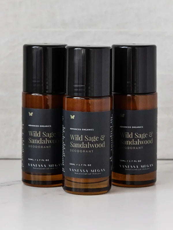 Vanessa Megan Wild Sage and Sandalwood Roll-On Deodorant bottles