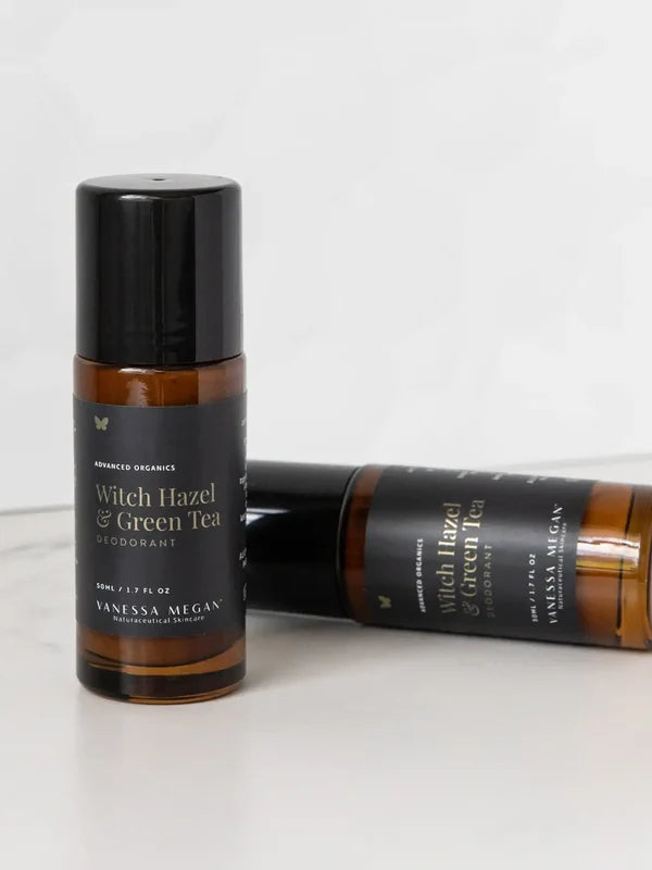 Vanessa Megan Witch Hazel and Green Tea Roll-On Deodorant bottles