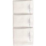 A vertical row of Vanessa Megan 100% Organic Muslin Face Cloths (3-pack) is neatly folded to show branded labels, set against a plain white background.