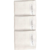 A vertical row of Vanessa Megan 100% Organic Muslin Face Cloths (3-pack) is neatly folded to show branded labels, set against a plain white background.