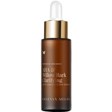 A brown glass dropper bottle with a gold and white cap, labeled "Vanessa Megan AHA & Willow Bark Clarifying Decongestion Serum 30ml," is displayed against a white background.