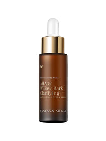 A brown glass dropper bottle with a gold and white cap, labeled "Vanessa Megan AHA & Willow Bark Clarifying Decongestion Serum 30ml," is displayed against a white background.