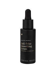 The Vanessa Megan Anti-Frizz Smoothing Serum with Hyaluronic Acid 30ml is a black dropper bottle with gold and white text plus a butterfly icon, ideal as a leave-in serum for smooth, frizz-free hair.