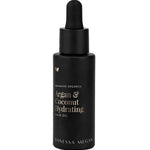 A black dropper bottle labeled “Vanessa Megan Argan & Coconut Hydrating Hair Oil 30ml,” featuring minimalist gold and white text with a small butterfly graphic, ideal for use as a nourishing scalp treatment.