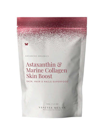 Vanessa Megan Astaxanthin & Marine Collagen Skin Boost 150g comes in a white resealable pouch with a pink gradient top, designed to support healthy hair, nails, and skin.