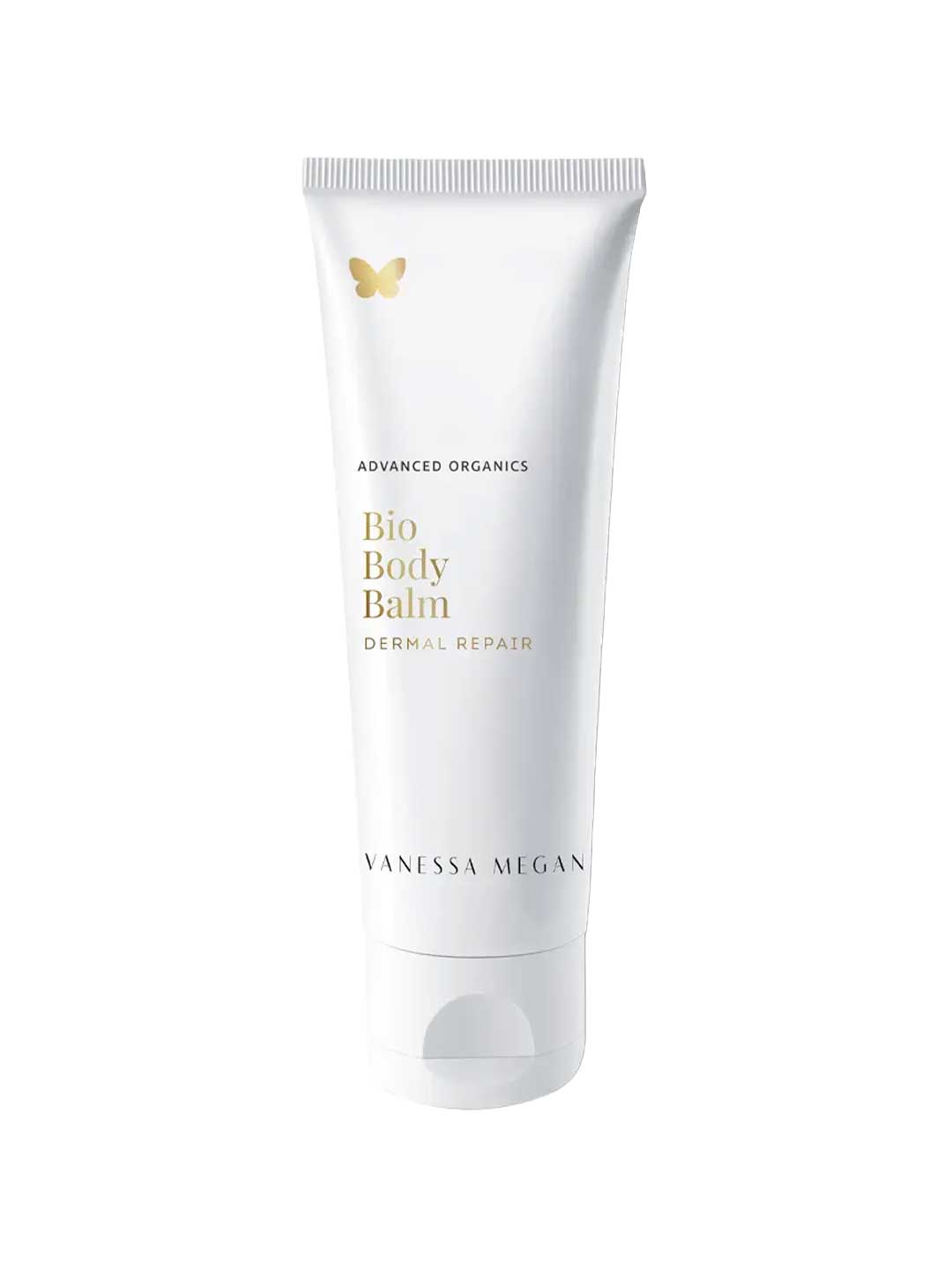 A white tube labeled Vanessa Megan Bio Body Balm Body Dermal Repair 180ml features a gold butterfly icon and minimal design, emphasizing its nourishing formula ideal for dermal repair.