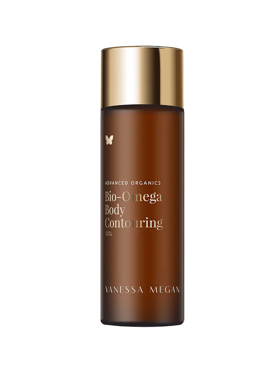 A brown bottle with a gold cap labeled Vanessa Megan Bio-Omega Contouring Body Oil 100ml features minimalist text and a butterfly icon. This organic body oil is made to help improve the appearance of stretch marks.