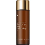 A brown bottle with a gold cap labeled Vanessa Megan Bio-Omega Contouring Body Oil 100ml features minimalist text and a butterfly icon. This organic body oil is made to help improve the appearance of stretch marks.