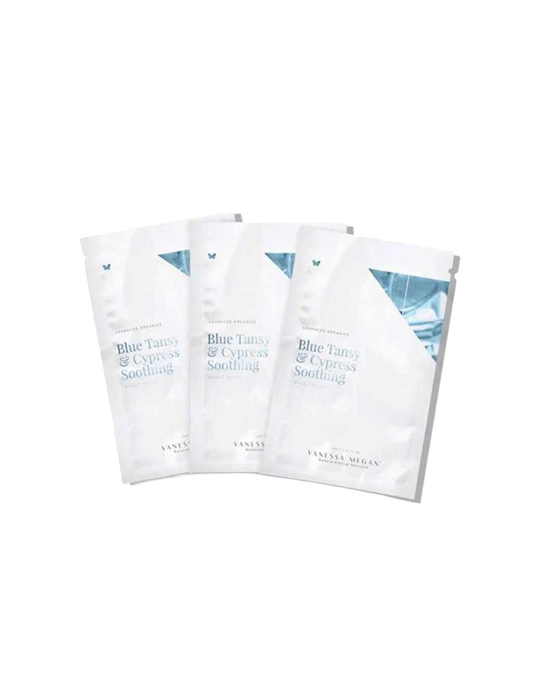 Three packets of Vanessa Megan Blue Tansy & Cypress Soothing Sheet Mask - 3 Pack, ideal for sensitive skin, are arranged overlapping on a white background. The mostly white packets feature light blue accents and text.