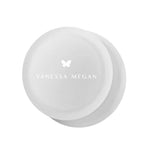 Two white, round cosmetic containers with “Vanessa Megan” and a butterfly logo on the lid are displayed next to the Vanessa Megan Body Sculpt Silicone Anti-Cellulite Suction Cup, all set against a plain white background.