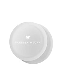 Two white, round cosmetic containers with “Vanessa Megan” and a butterfly logo on the lid are displayed next to the Vanessa Megan Body Sculpt Silicone Anti-Cellulite Suction Cup, all set against a plain white background.