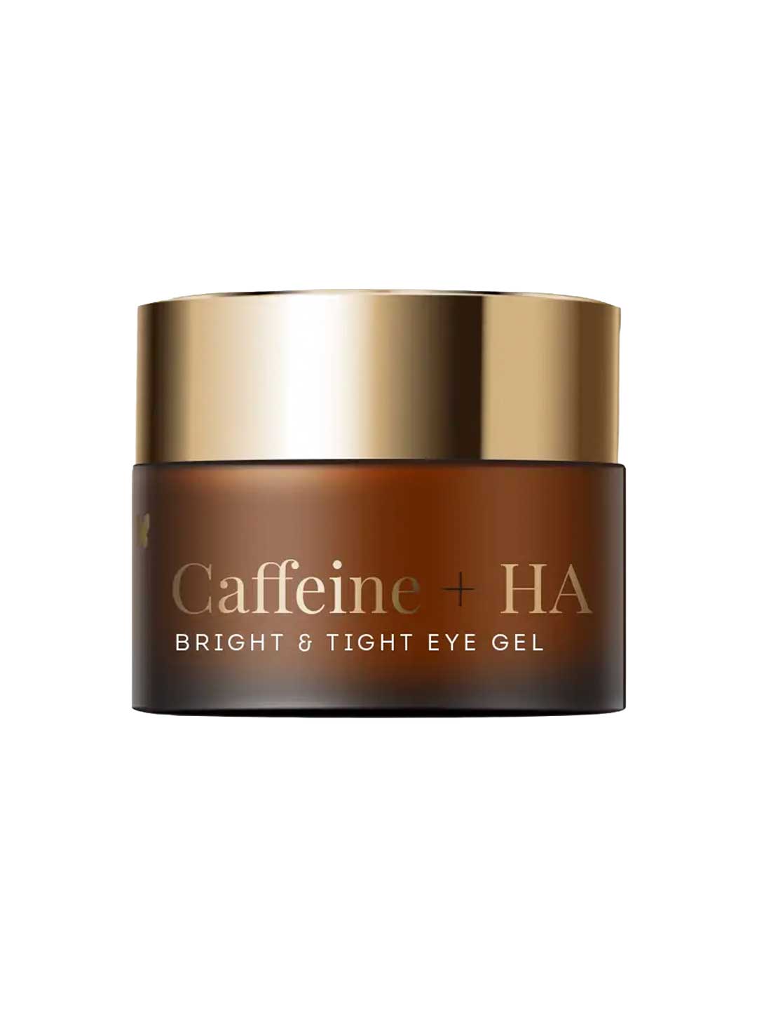 A dark brown cosmetic jar with a metallic gold lid, labeled 'Caffeine + HA BRIGHT & TIGHT EYE GEL' on a plain white background.