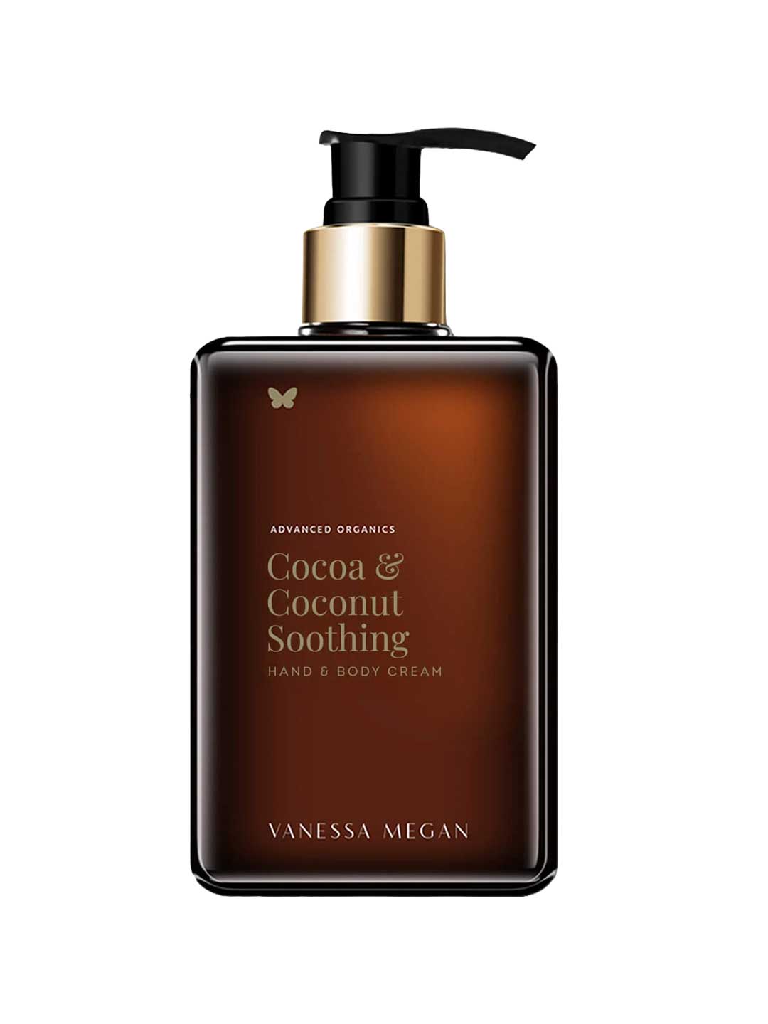 Vanessa Megan Cocoa & Coconut Soothing Hand & Body Cream 280ml comes in a brown pump bottle with a minimalist gold and black design and a butterfly icon—ideal for nourishing and soothing dry skin with natural moisturising ingredients.