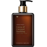 Vanessa Megan Cocoa & Coconut Soothing Hand & Body Cream 280ml comes in a brown pump bottle with a minimalist gold and black design and a butterfly icon—ideal for nourishing and soothing dry skin with natural moisturising ingredients.