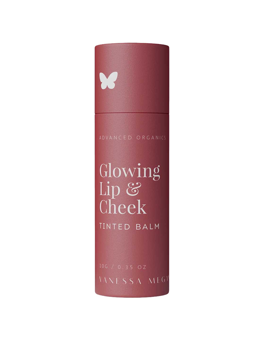The Vanessa Megan Glowing Lip & Cheek Tinted Balm 10g comes in a cylindrical tube with matte rose color, white text, and a butterfly icon on the cap—offering hydrating, natural color for lips and cheeks.
