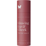 The Vanessa Megan Glowing Lip & Cheek Tinted Balm 10g comes in a cylindrical tube with matte rose color, white text, and a butterfly icon on the cap—offering hydrating, natural color for lips and cheeks.
