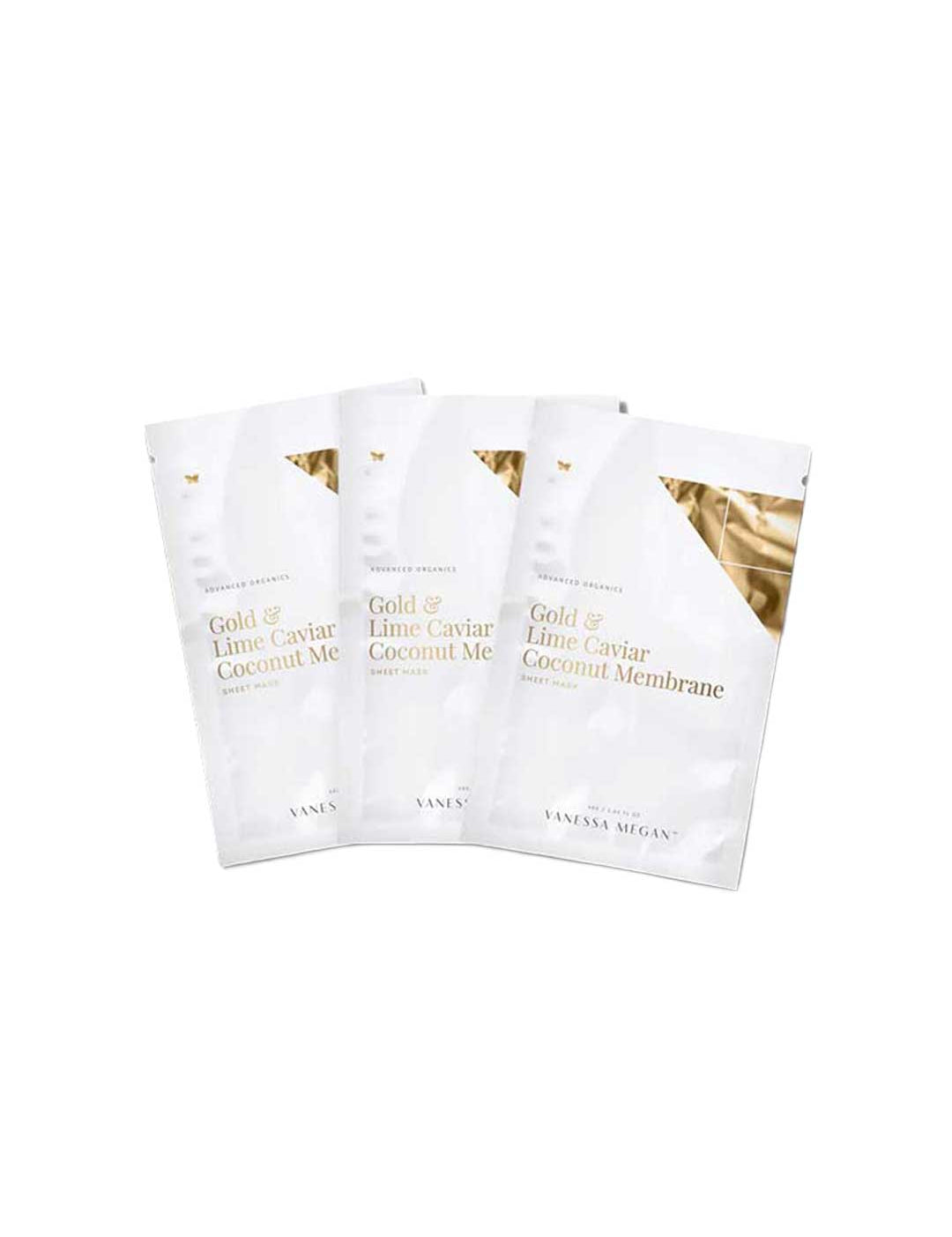 Three white Vanessa Megan Gold & Lime Caviar Sheet Mask packets from the 3-Pack are arranged side by side on a plain white background—ideal for a luxurious at-home spa experience.