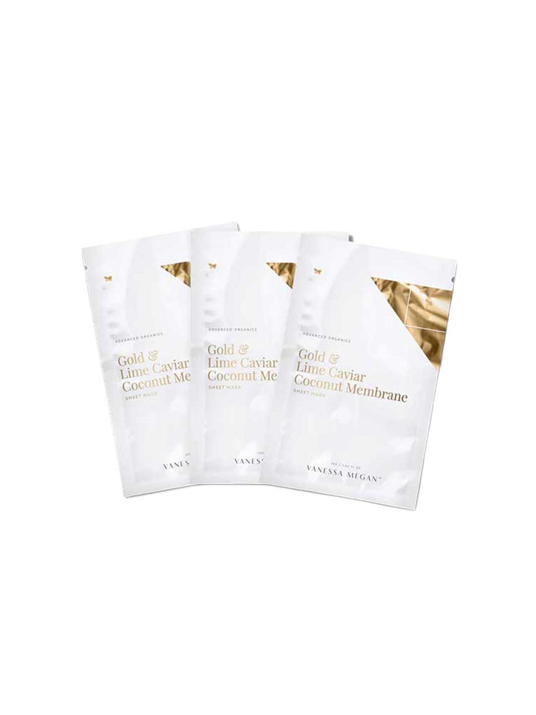 Three white Vanessa Megan Gold & Lime Caviar Sheet Mask packets from the 3-Pack are arranged side by side on a plain white background—ideal for a luxurious at-home spa experience.