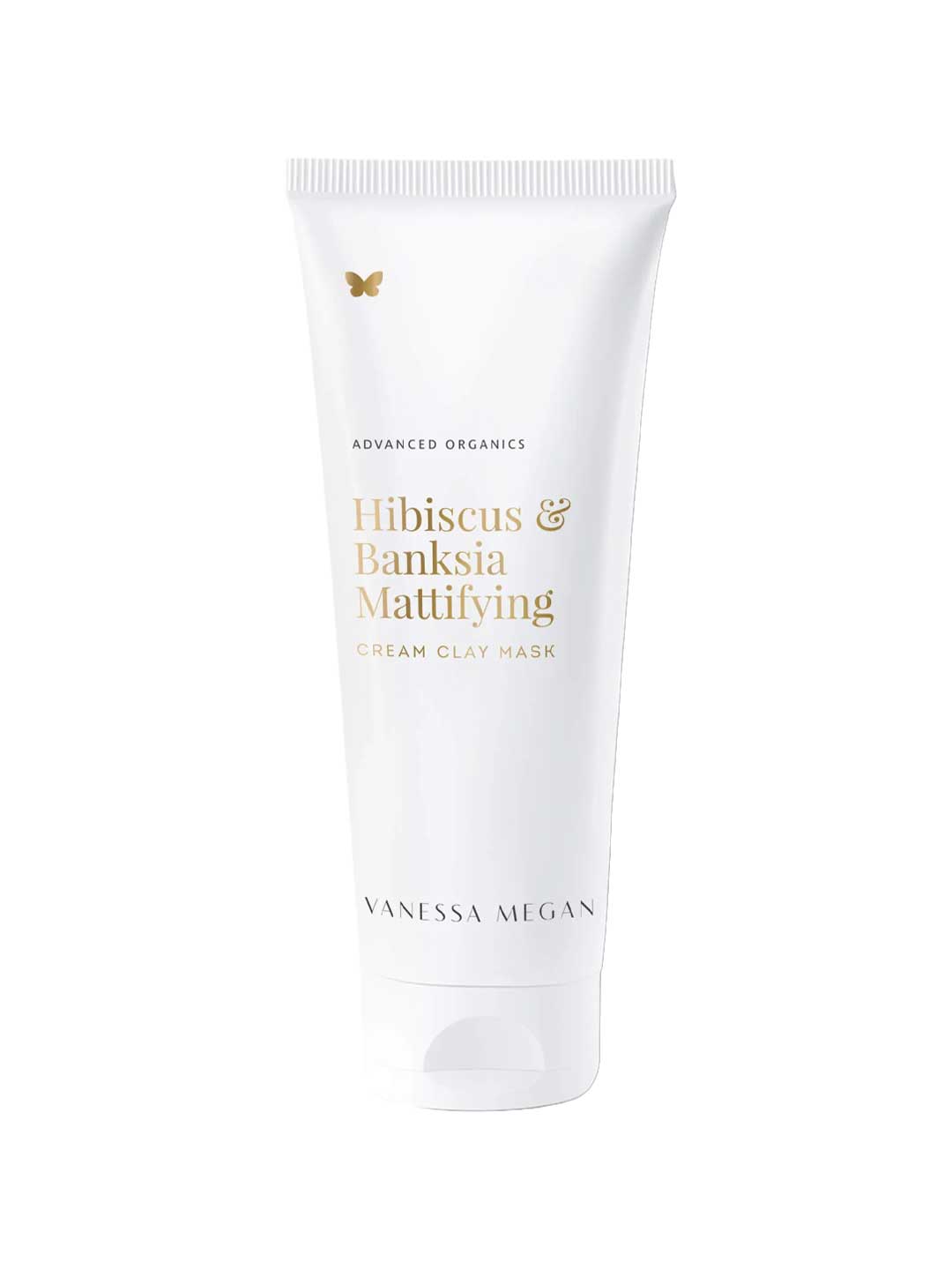 A white 180ml tube of Vanessa Megan Hibiscus & Banksia Mattifying Cream Clay Mask with minimalist gold and grey text and a gold butterfly icon—an ideal purifying treatment for oily and combination skin.