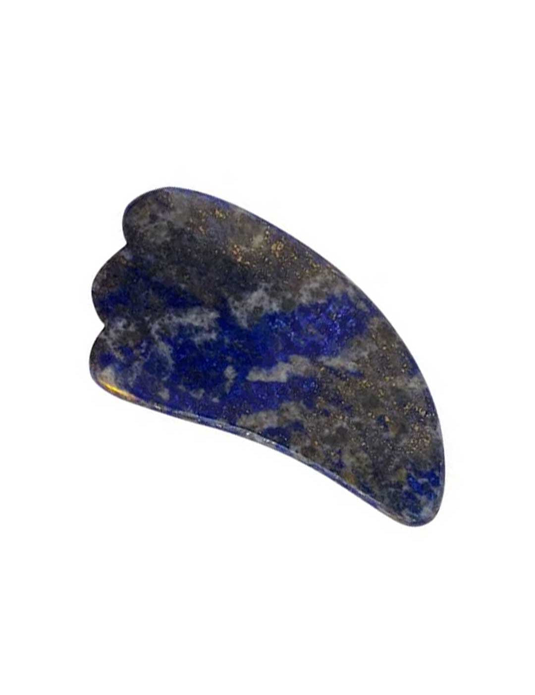 The Vanessa Megan Lapis Lazuli Gua Sha Massage Tool, featuring a blue and gold marbled design with a curved, ridged edge for lymphatic drainage, is displayed against a white background.