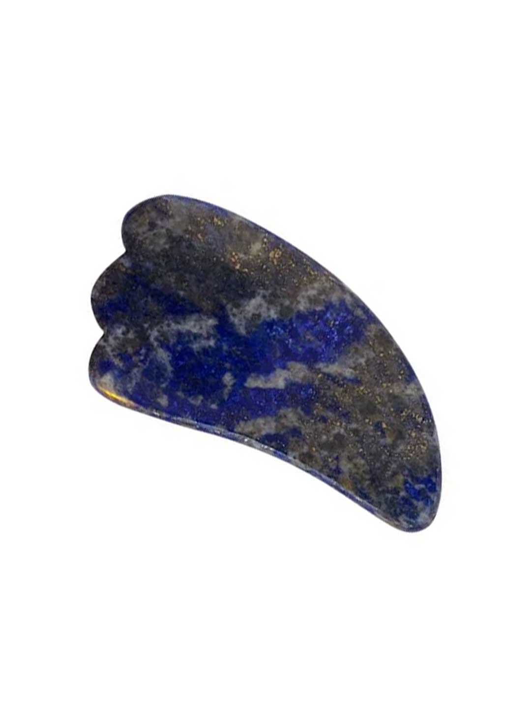 The Vanessa Megan Lapis Lazuli Gua Sha Massage Tool, featuring a blue and gold marbled design with a curved, ridged edge for lymphatic drainage, is displayed against a white background.