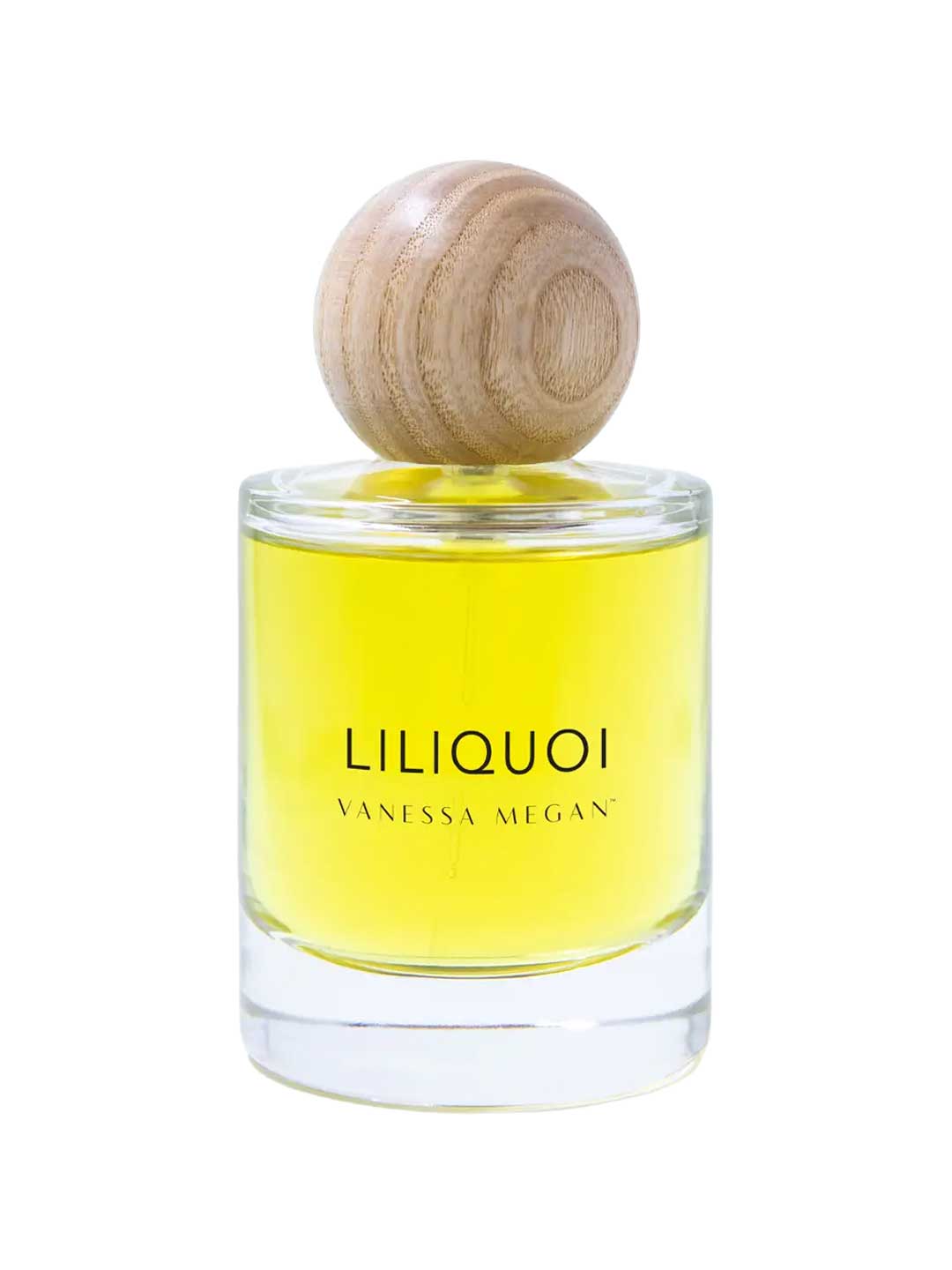 A clear glass bottle of Vanessa Megan Liliquoi 100% Natural Eau de Parfum 50ml, filled with yellow liquid and topped with a round wooden cap, displays the organic botanical fragrance against a white background.