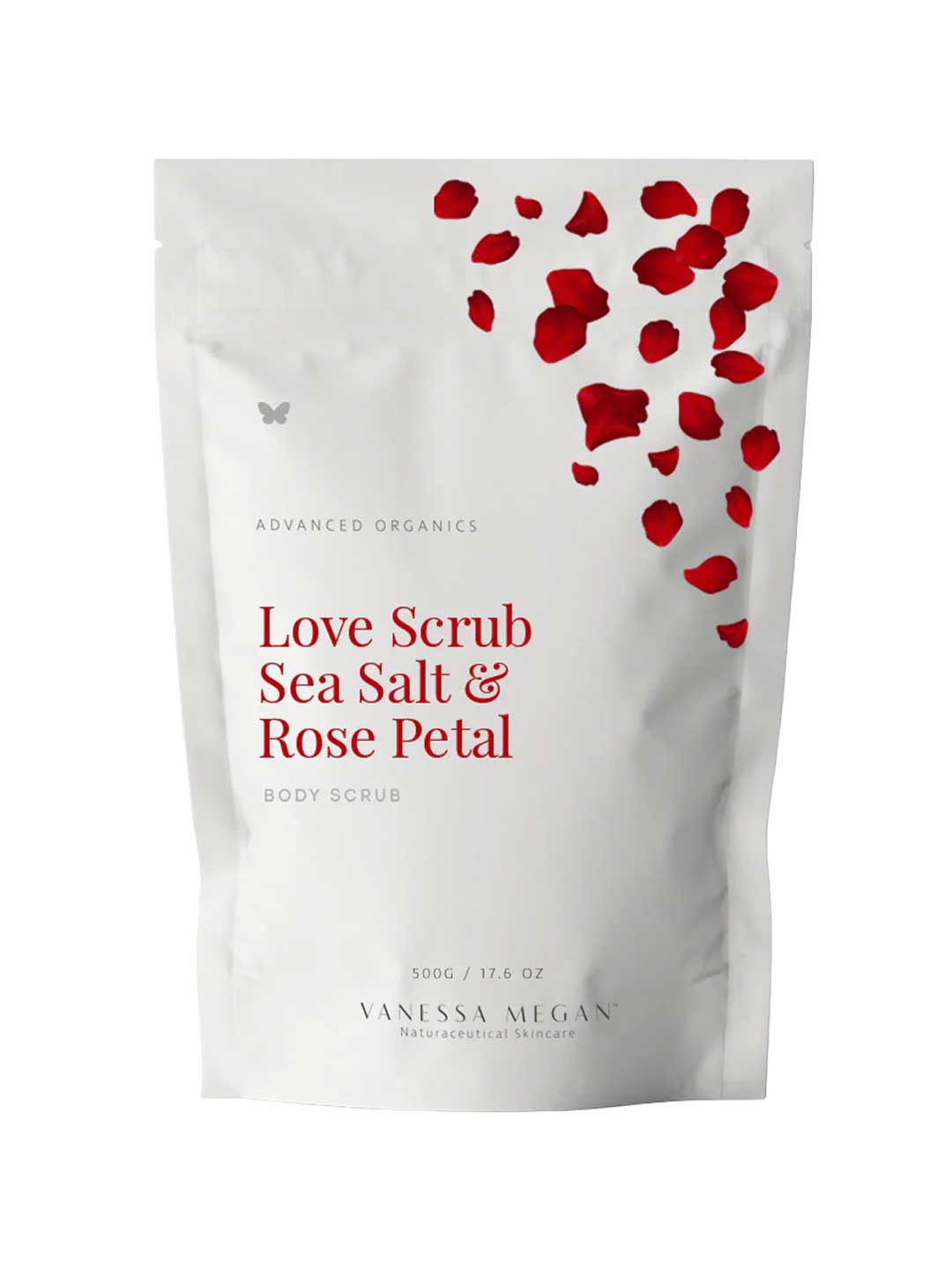 A white pouch labeled Vanessa Megan Love Scrub Sea Salt & Rose Petal 500g, featuring red rose petals at the top and highlighting a natural exfoliator with sea salt scrub benefits. Weight: 500g / 17.6 oz.