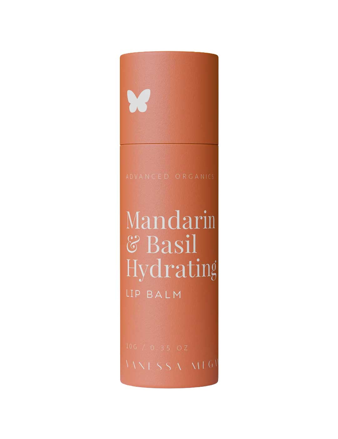 A cylindrical orange tube displays “Vanessa Megan Mandarin & Basil Hydrating Lip Balm 10g” with a white butterfly icon and text. This natural balm provides nourishing care for your lips.