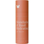 A cylindrical orange tube displays “Vanessa Megan Mandarin & Basil Hydrating Lip Balm 10g” with a white butterfly icon and text. This natural balm provides nourishing care for your lips.