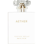 A white rectangular bottle labeled "Vanessa Megan Aether 100% Natural Perfume" in gold, with VANESSA MEGAN and 50ml e 1.7FL OZ below, topped by a clear faceted cap—an elegant vegan fragrance choice.