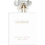 A white rectangular bottle with a clear faceted cap, labeled LILIQUOI in gold, contains Vanessa Megan Liliquoi 100% Natural Perfume (50ml). This vegan fragrance offers white floral notes. Set against a plain white background.