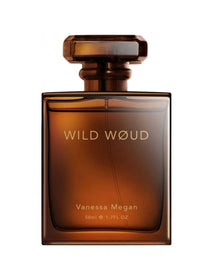 A brown glass bottle labeled Vanessa Megan Wild Woud 100% Natural Perfume, 50ml (1.7 FL OZ), with a matching cap, appears on a white background—this natural scent highlights rich woody notes of Sandalwood.