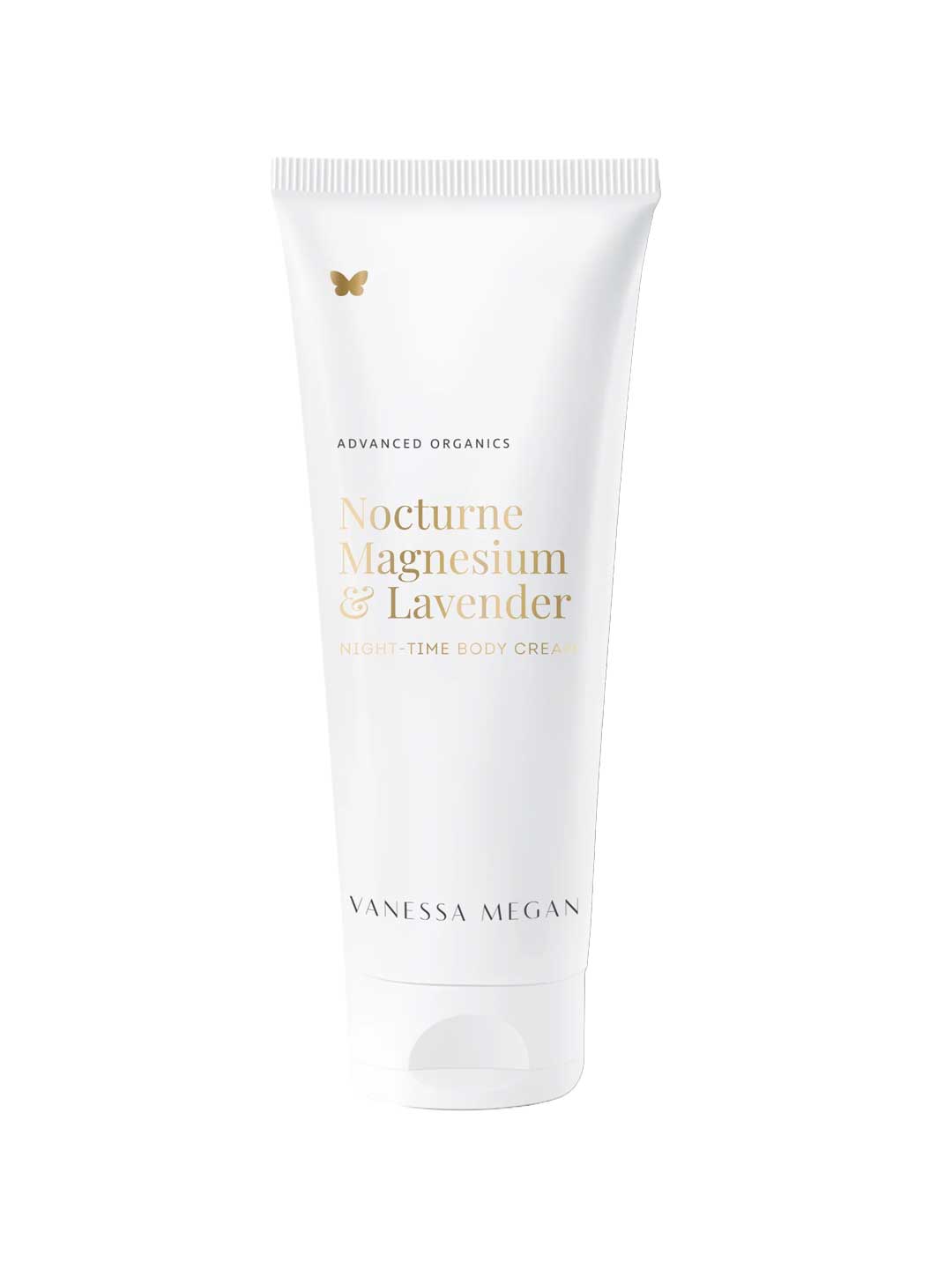 A white tube of Vanessa Megan Nocturne Magnesium & Lavender Night-Time Body Cream 180ml, with minimalist gold and black text and a gold butterfly near the top—ideal as a soothing night-time moisturiser.