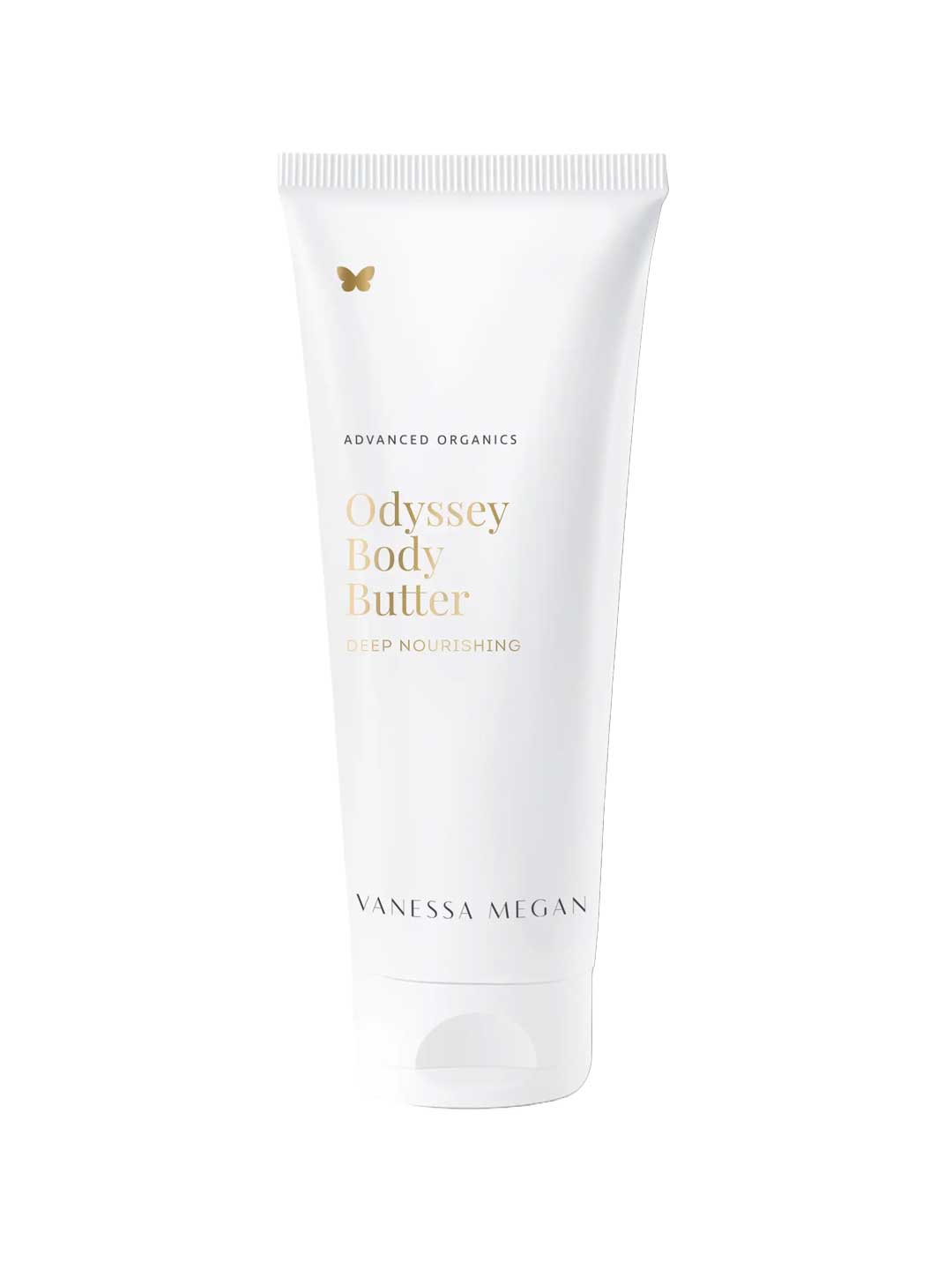 A white 180ml tube labeled Vanessa Megan Odyssey Body Butter, adorned with minimal gold text and a butterfly logo, ideal for dry skin and enriched with natural ingredients.