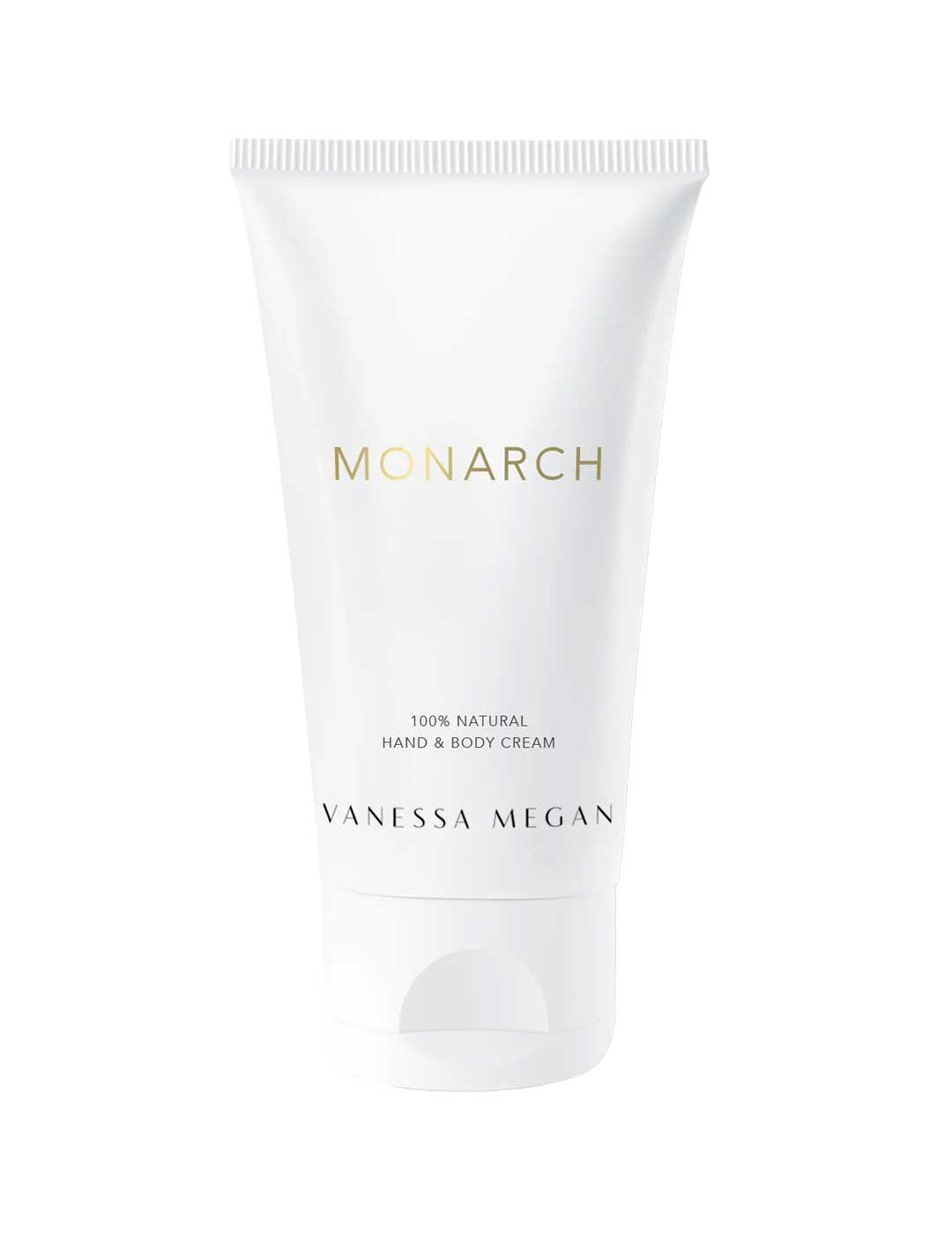 A white tube of Vanessa Megan Perfume Hand & Body Cream Monarch 50ml stands upright against a white background. The minimalist packaging with gold and black text highlights this luxurious, organic hand and body cream.