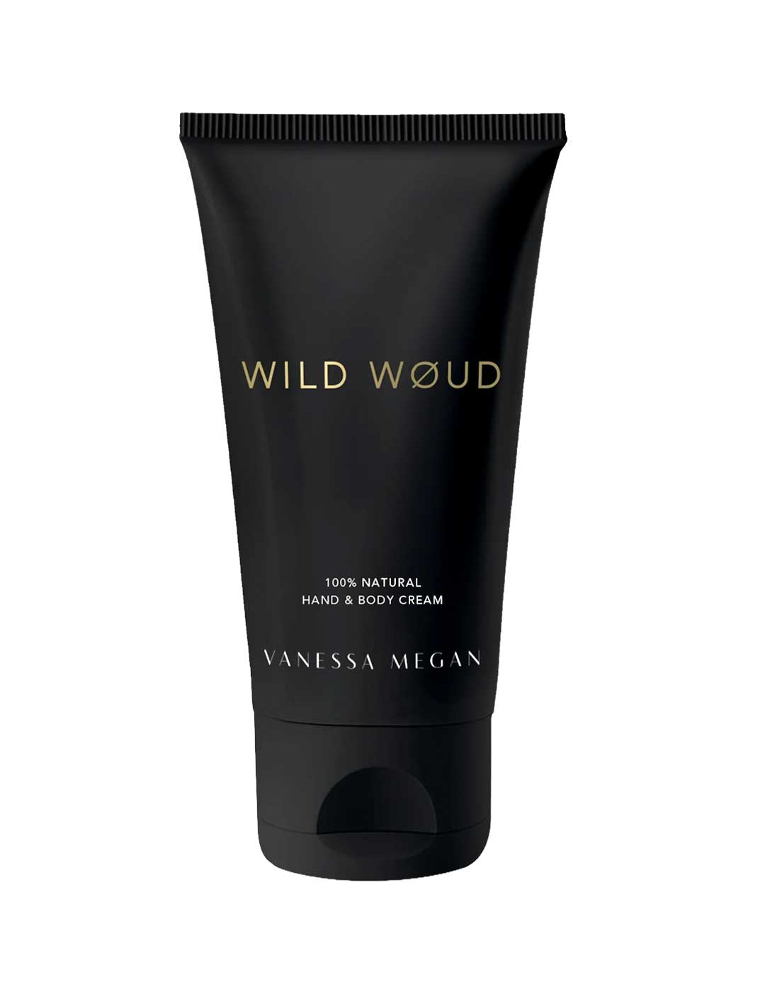A black tube labeled with gold and white text contains Vanessa Megan Perfume Hand & Body Cream Wild Woud 50ml—an organic, vegan cream for hands and body.