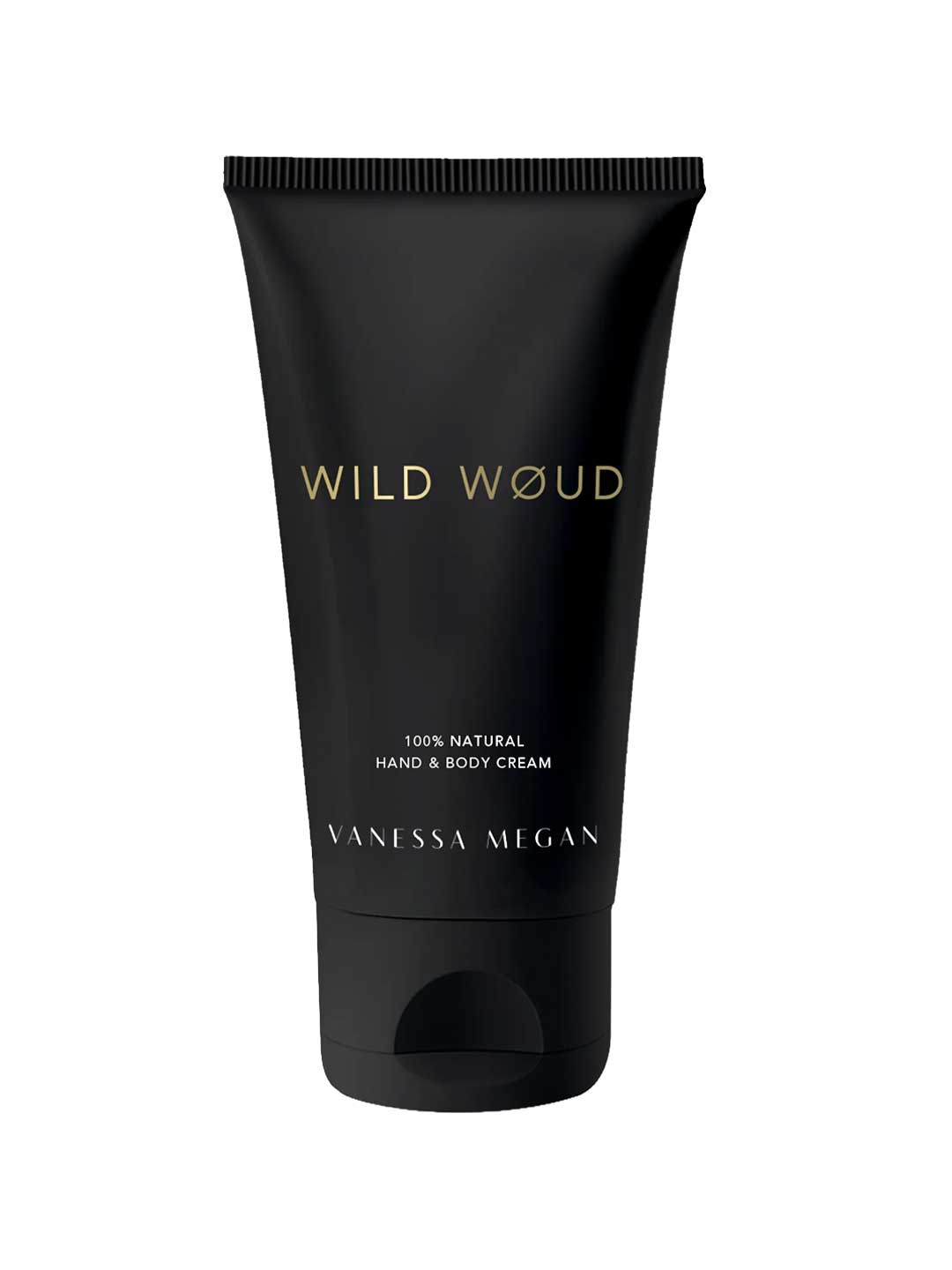 A black tube labeled with gold and white text contains Vanessa Megan Perfume Hand & Body Cream Wild Woud 50ml—an organic, vegan cream for hands and body.